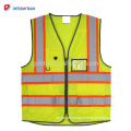 Top 100% Polyester High Visibility Construction Safety Vest with Pockets and Zipper Double Horizontal Reflective Strips Yellow